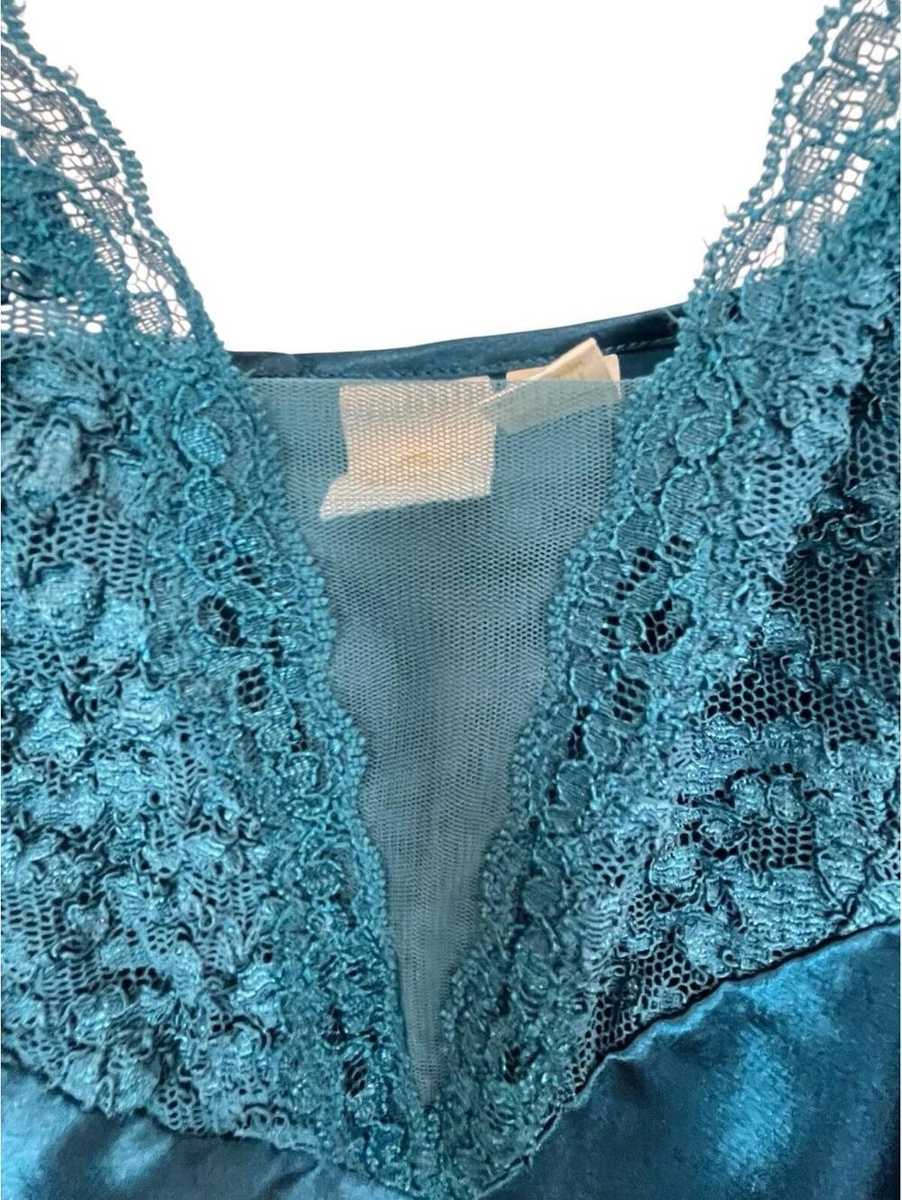 Victoria's Secret Vintage Gold Label Teal Satin Slip Nightie Lingerie Sz M Long